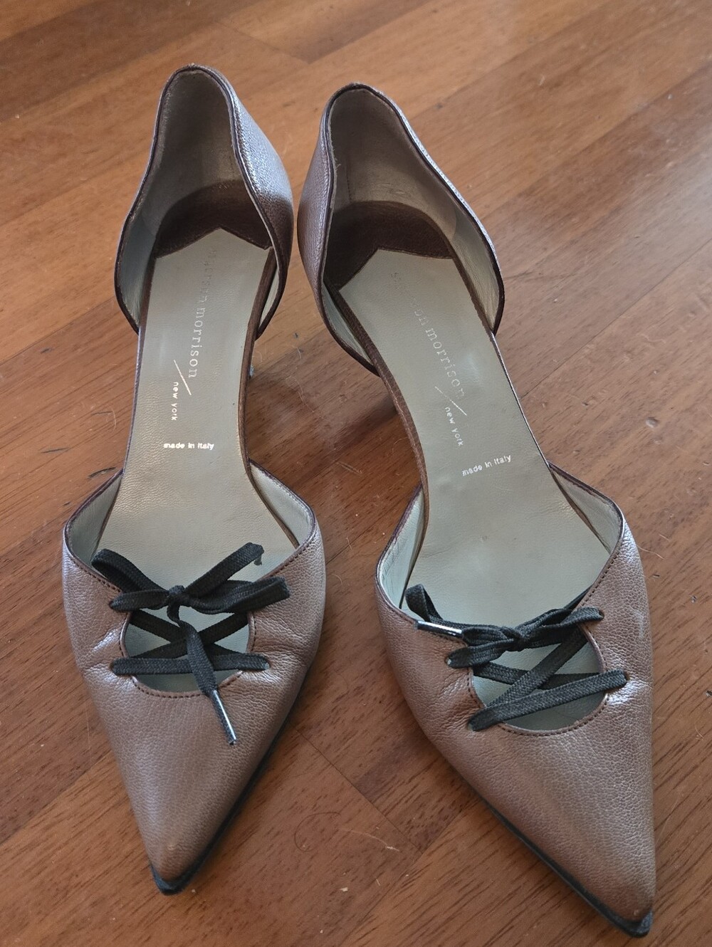 Sigerson Morrison Taupe Pointed-Toe D'Orsay Pumps with Black Corset Laces Sz 7